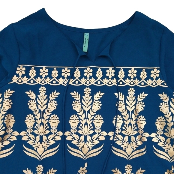 Janasya NWT Indian Turquoise Blue Gold Floral Poly Crepe Kurta Tunic Boho Exotic - Picture 4 of 10